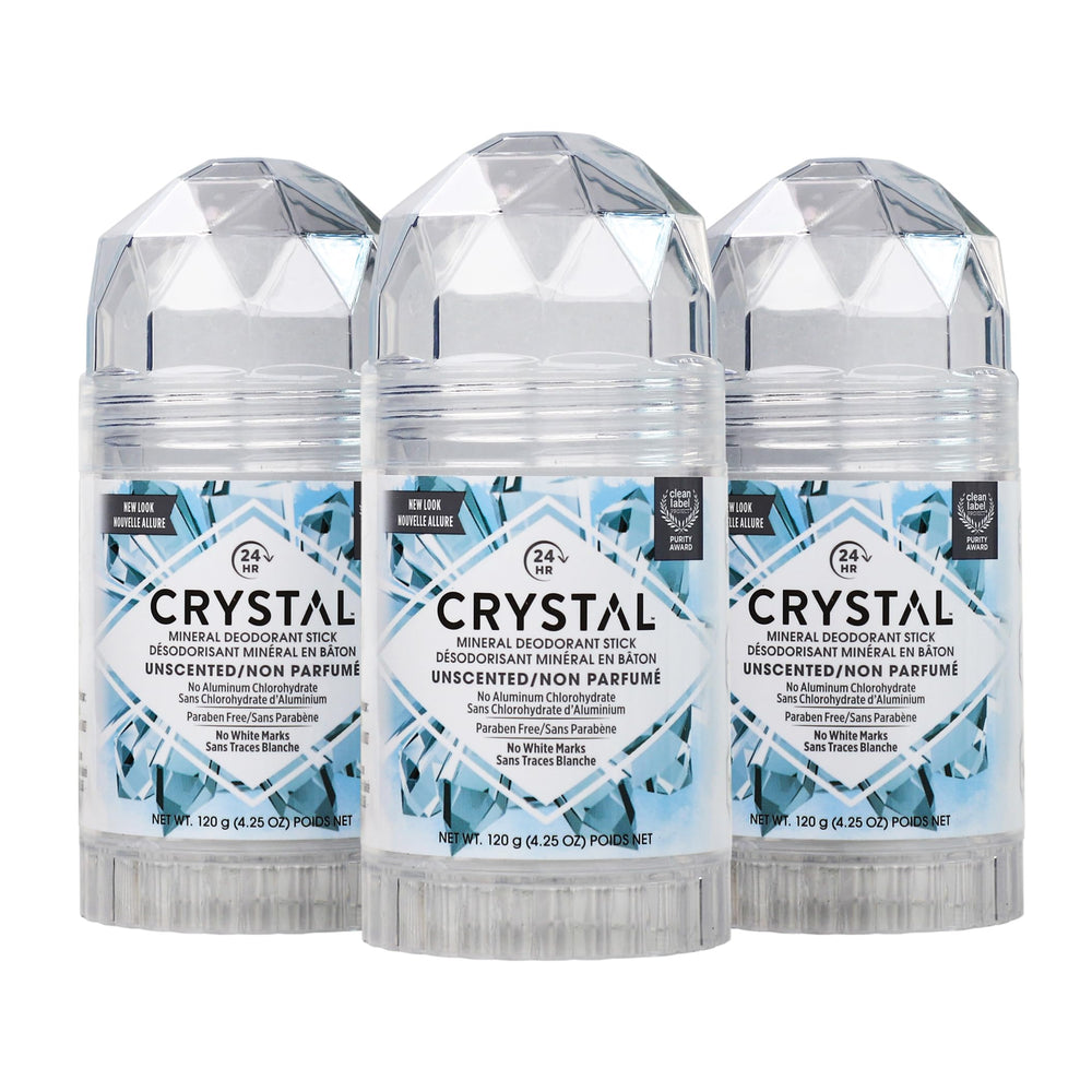 Crystal Essence desodorante mineral sin fragancia en paquete triple para uso diario