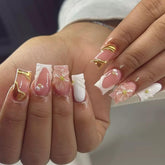 CTTHNBD uñas postizas cuadradas con frances blanco y flor 3D, ideal para un look elegante.