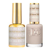 DAISY DND es esmalte gel 301 Media Luna en gris suave para un acabado duradero.