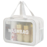 DAPOWER bolsa de higiene de viaje blanca XL, vista frontal, fácil acceso y organización.