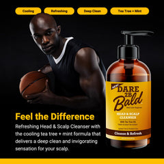 DARE TO BE BALD etiqueta clara, muestra ingredientes y beneficios calmantes