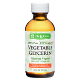 Glicerina vegetal De La Cruz en frasco de cristal, ideal para humectación suave.