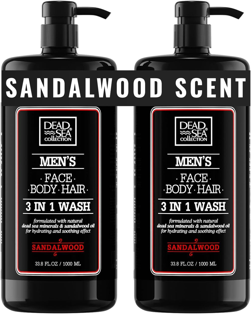 Dead Sea Collection gel de ducha para hombre, caja con dos botellas y fragancia a sándalo.