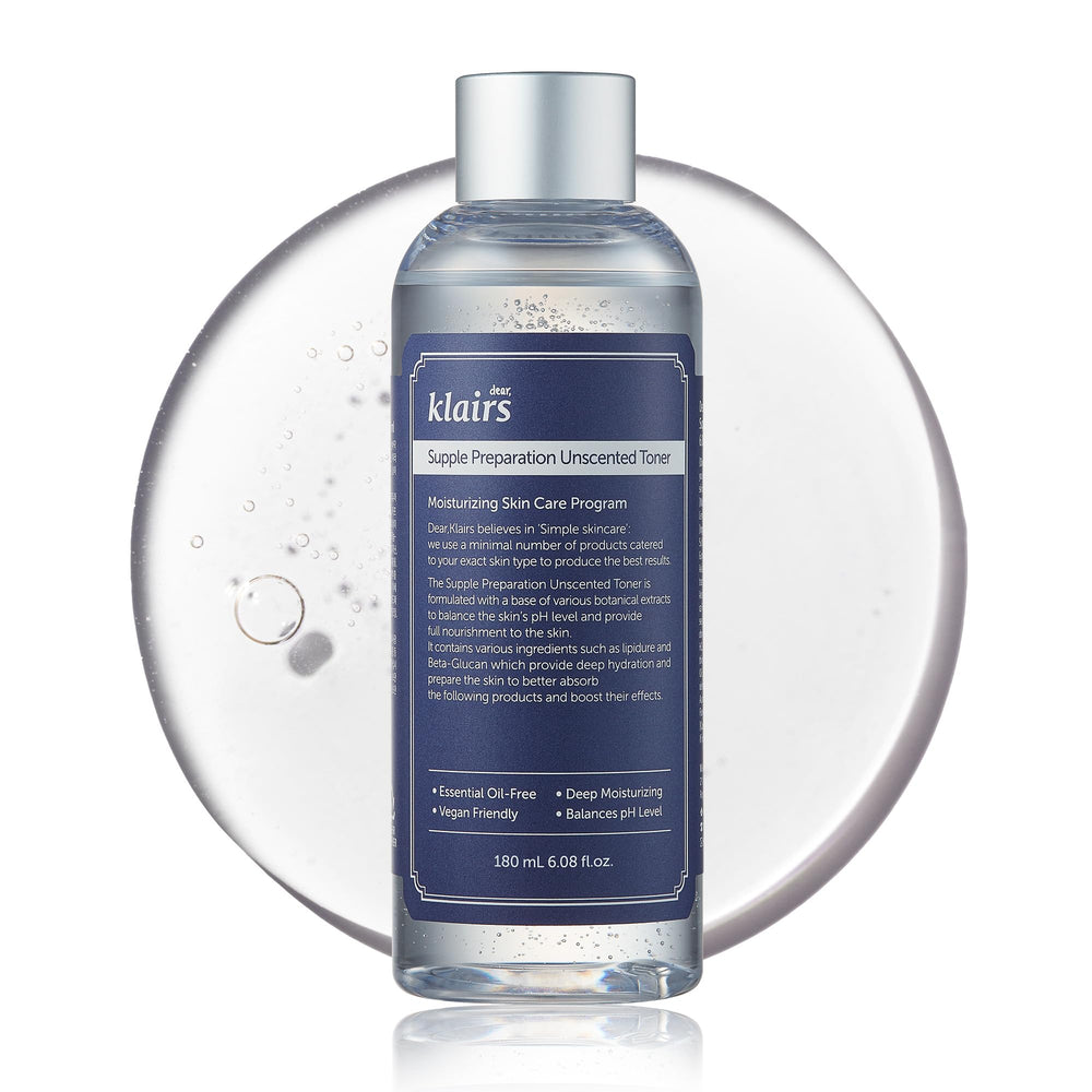 DearKlairs Toner sin olor en botella, apto para piel sensible y calma irritación.