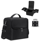 Maleta de maquillaje Deciniee para viaje, capacidad amplia y diseño negro elegante.