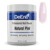 DeEnti polvo acrílico rosa natural en frasco de 2oz para uñas.