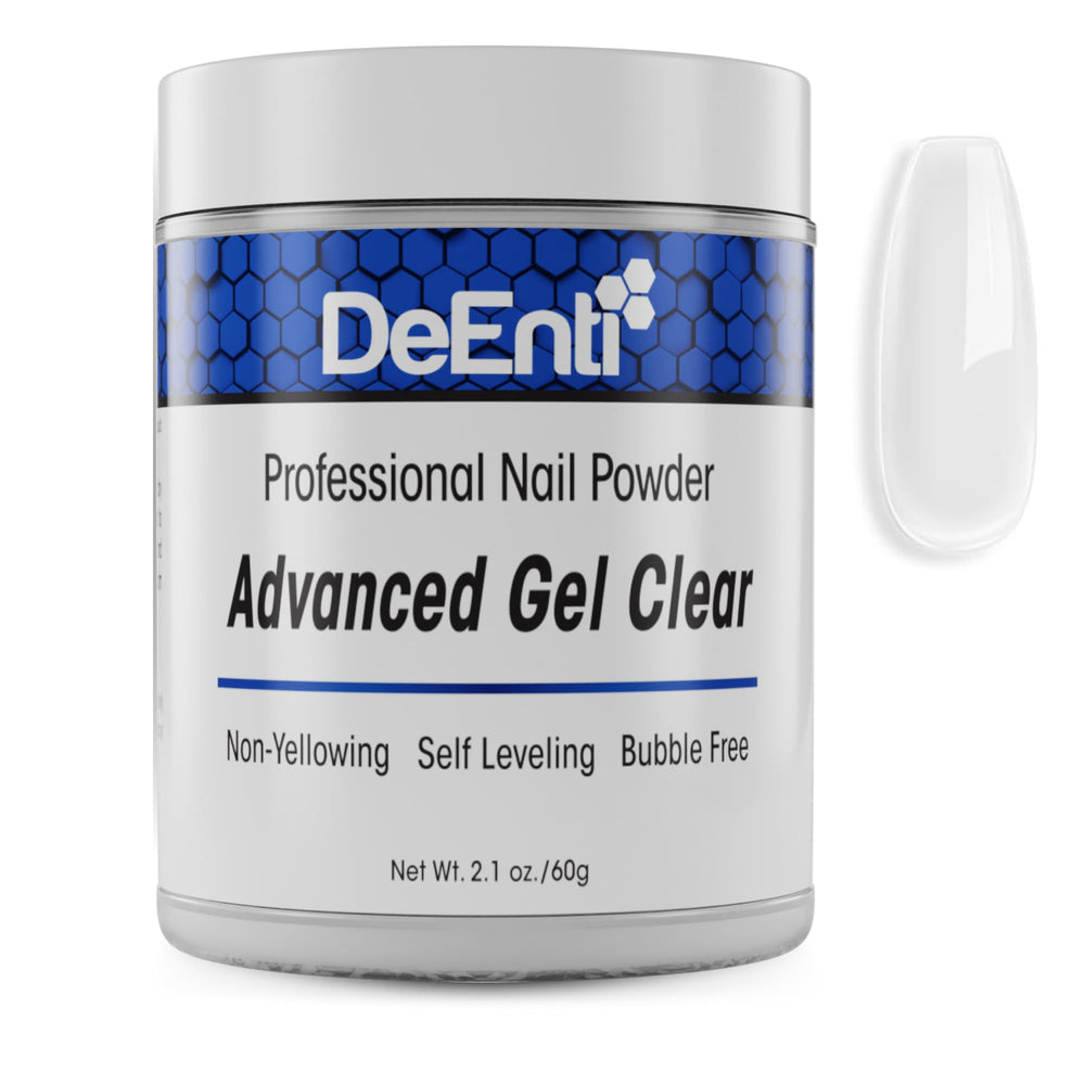 DeEnti polvo acrílico 2oz gel claro, acabado limpio y profesional para uñas.