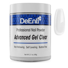 DeEnti polvo acrílico 2oz gel claro, acabado limpio y profesional para uñas.