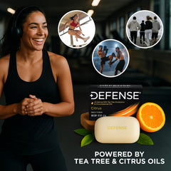 Defense Soap Citrus Bar espuma cremosa para una limpieza profunda.