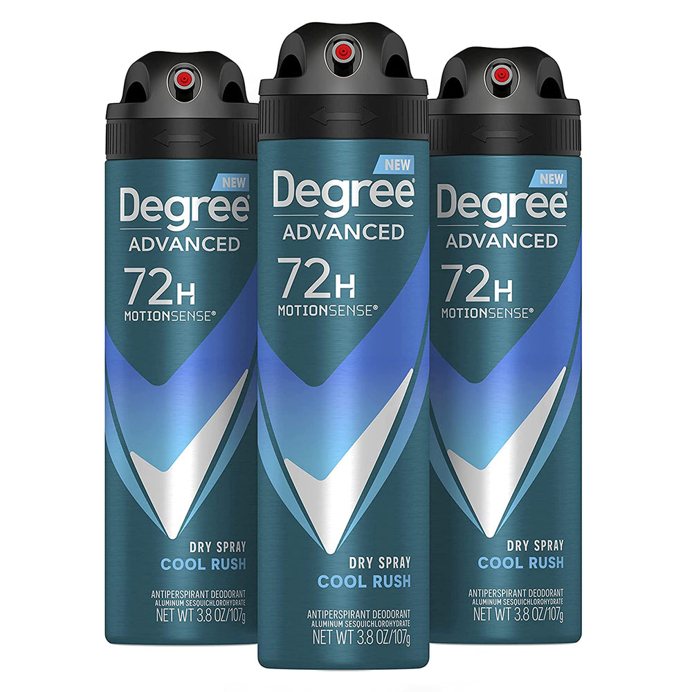 Degree Men Cool Rush dry spray lata: sensación seca al instante y protección para el día.