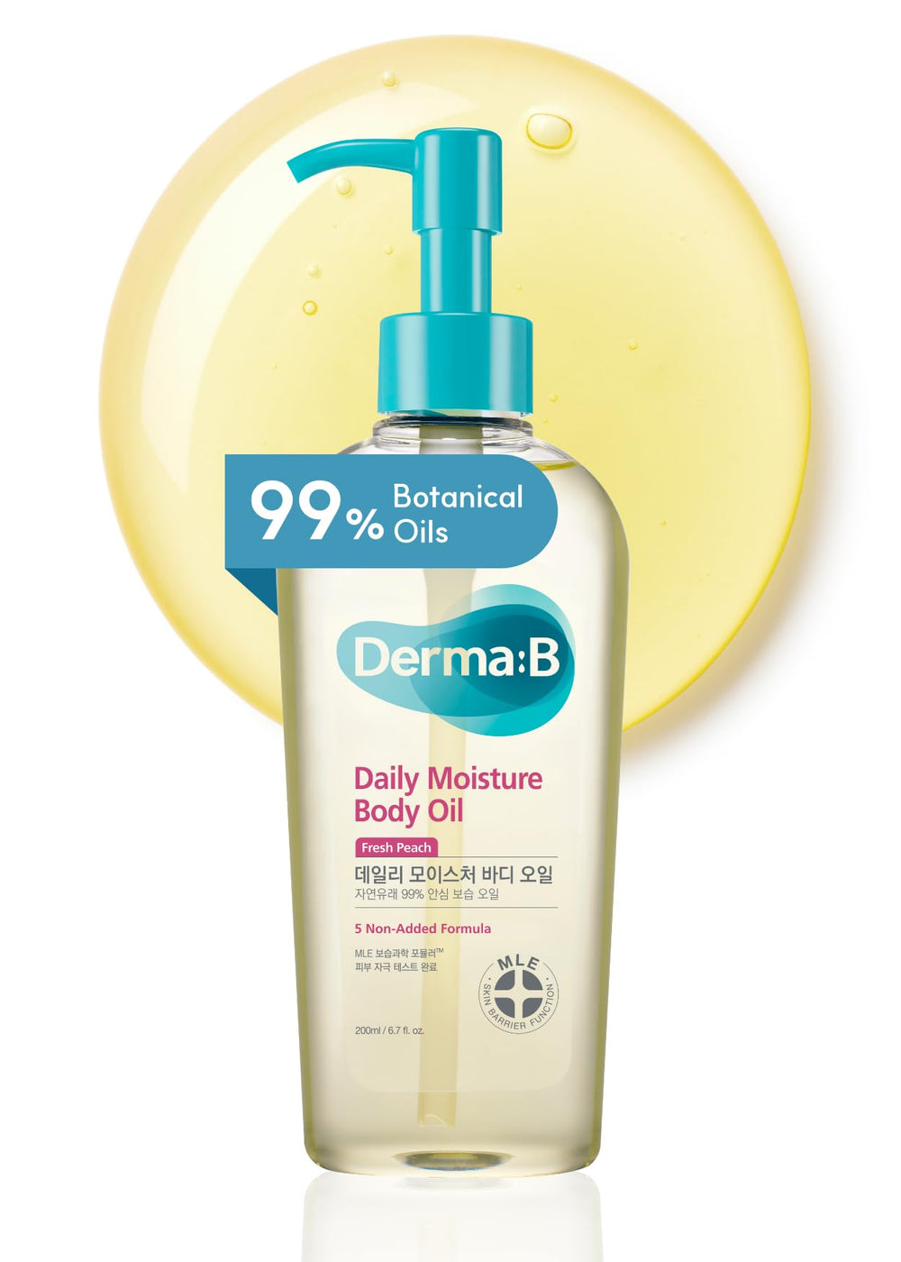 Derma B Aceite Corporal, botella de 200 ml, hidratación suave para piel seca.