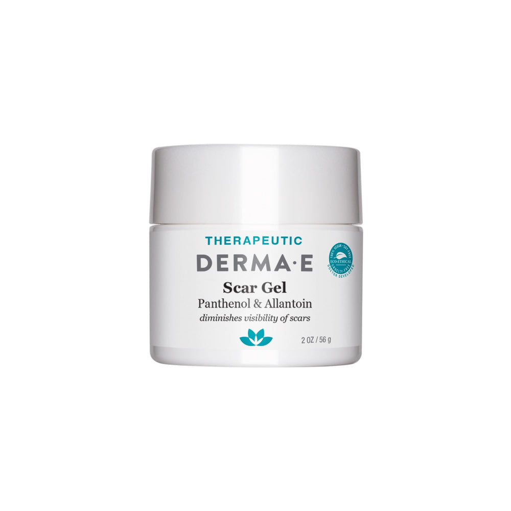 Derma E Gel de Cicatriz, aplicación suave para cicatrices faciales y corporales, con posible mejora de textura.
