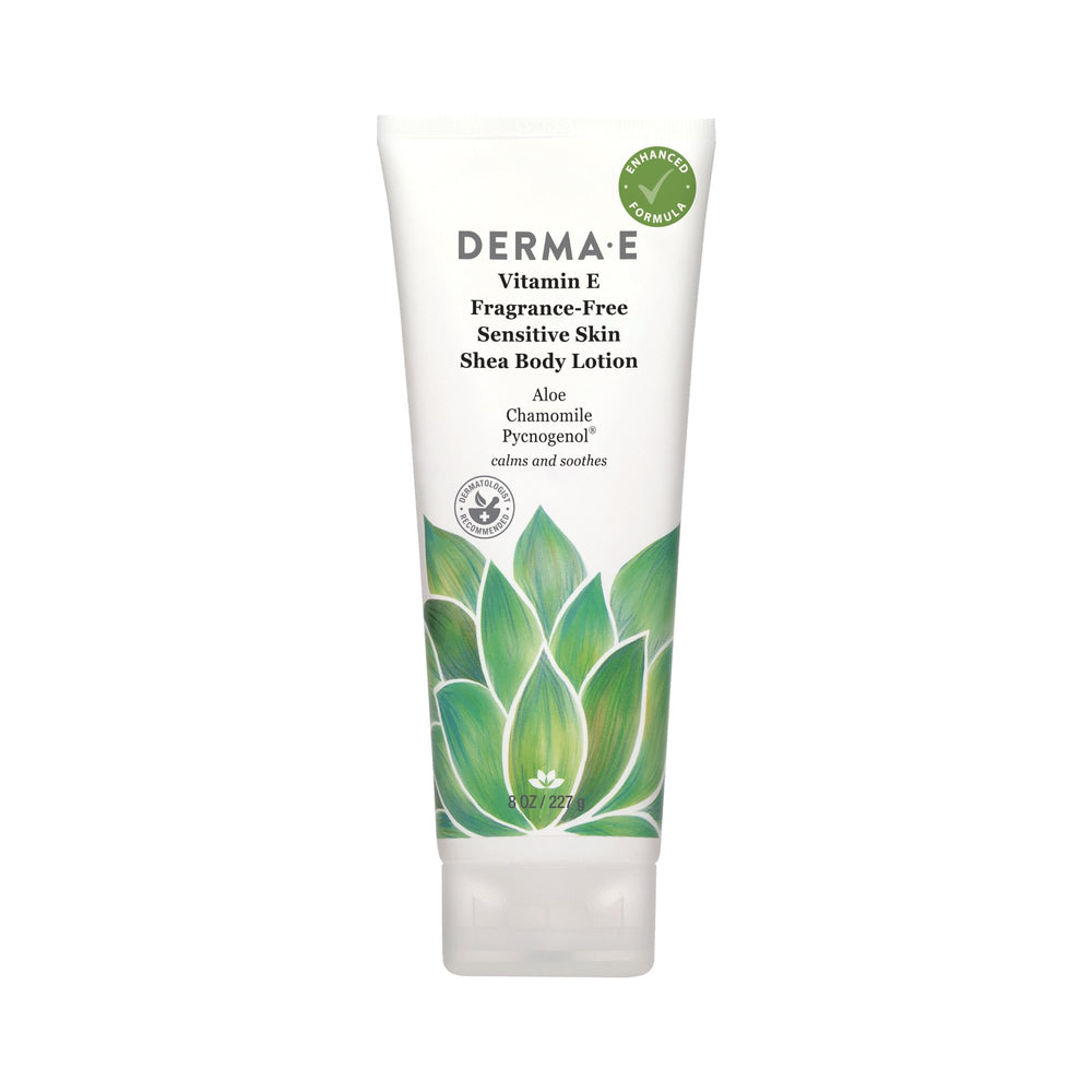 Derma E Vitamina E, botella de loción, hidratación suave para piel sensible.
