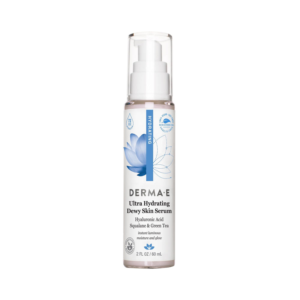 DERMA E suero Ultra Hidratante con brillo, botella visible, para hidratación profunda y brillo natural.