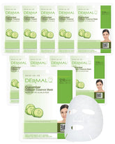Mascarilla facial DERMAL de pepino y colágeno, paquete de 10 para hidratación suave.
