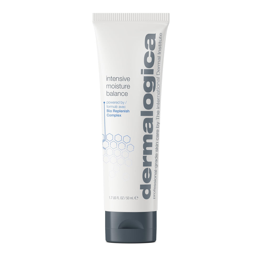 Dermalogica Intensive Moisture Balance, botella, ofrece hidratación profunda para piel seca y sensible.