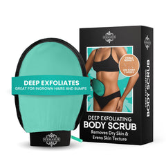Dermasuri guante exfoliante teal, uso en la ducha para suavizar la piel.