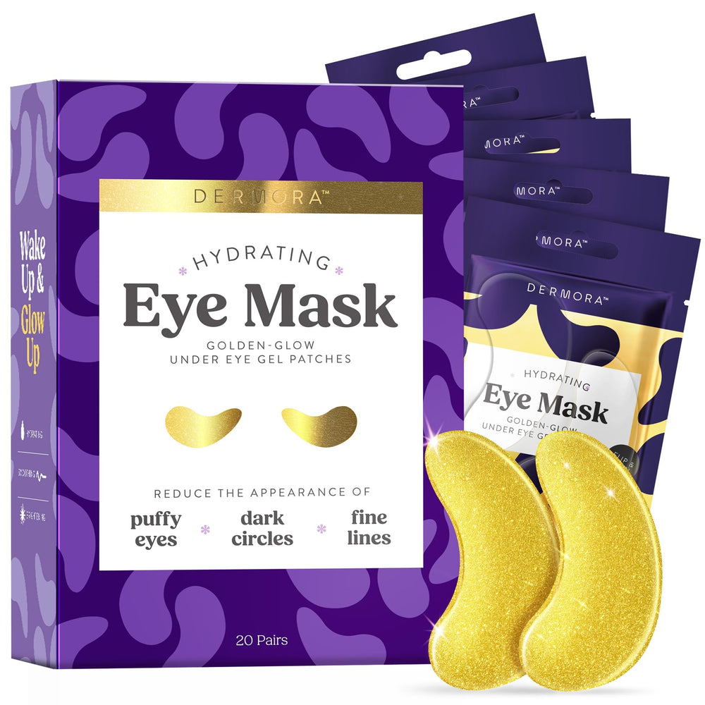 Parches Dermora Brillo Dorado para ojos en envase, alivio suave y revitalizante diario.