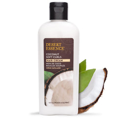 Desert Essence Coconut Soft Curls Hair Cream, bote: brillo y definición suaves.