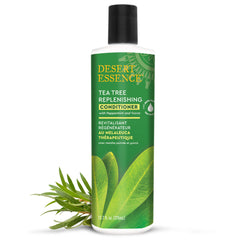 Desert Essence Tea Tree Condicionador, etiqueta frontal, fácil identificación de beneficios y uso.