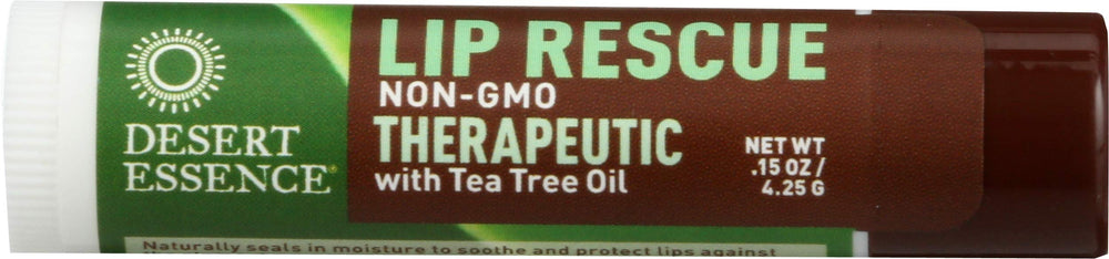 Desert Essence Lip Rescue terapéutico con aceite de árbol de té en envase, para labios secos.
