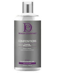 Design Essentials Compositions Lotion Moussante pour Enroulage, bouteille élégante favorisant coiffage sans frisottis et brillance.
