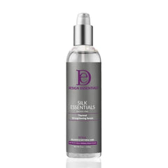 Design Essentials Silk Essentials Serum, botella vertiendo, protege contra el calor y aporta brillo.