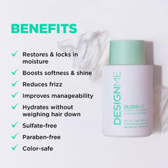 Design.Me GLOSS.ME: etiqueta muestra ingredientes de moringa que hidratan y protegen el color.