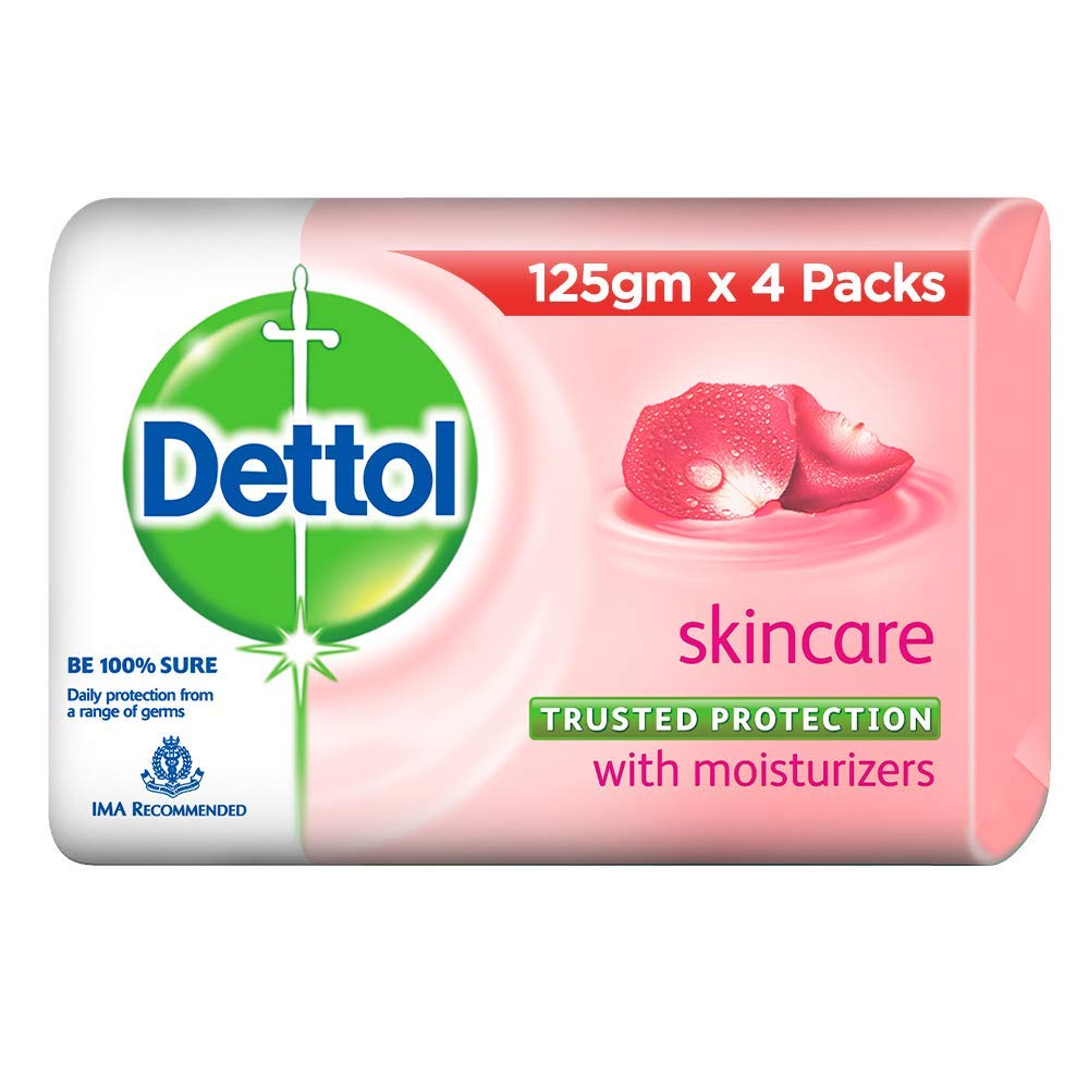 Dettol Jabón cuidado de la piel, frente al lote de cuatro barras para uso diario.