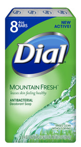 Dial Jabon Barra Antibacteriano Montaña Fresca, vista frontal, limpieza profunda y aroma fresco.