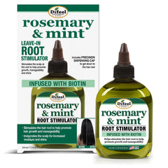 Difeel rosemary mint root stimulator bottle close-up highlights Biotin-infused formula for hair health.