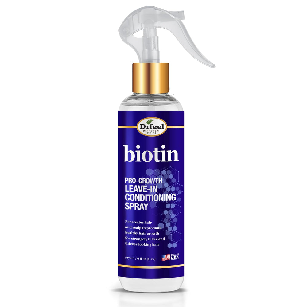 Difeel Biotin Pro-Growth spray en bote, acondiciona sin enjuague para cabello suave.