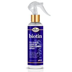 Difeel Biotin Pro-Growth spray en bote, acondiciona sin enjuague para cabello suave.