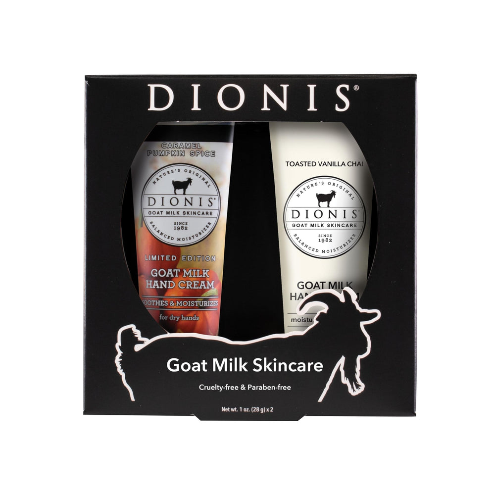 Dionis crema de manos con leche de cabra, calabaza y chai, empaque doble para uso diario.