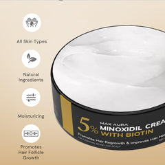 DNKTNK MAX AURA crema minoxidil 5% biotina, aplicación fácil, rápida absorción.
