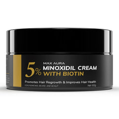 DNKTNK MAX AURA crema minoxidil 5% biotina, frente del cabello, posible mejora de densidad.