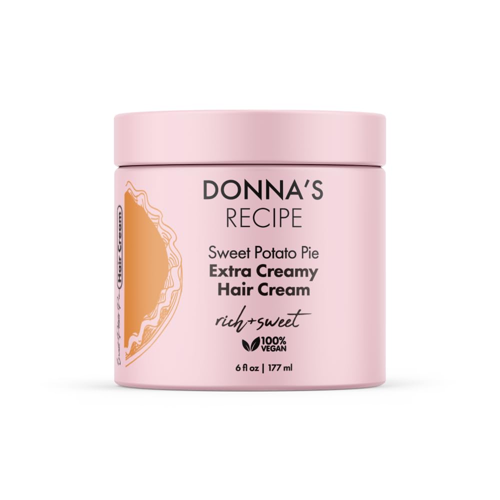 Donna's Recipe por Tabitha Brown crema para el cabello Pie de Camote, envase visible, ideal para definicion suave