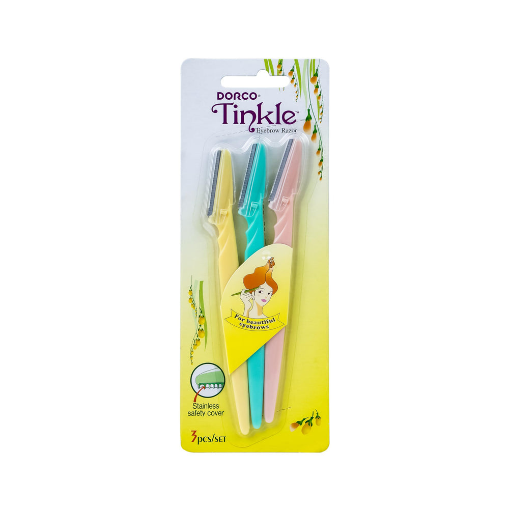 DORCO Tinkle Dermaplaning Tool 3ct en empaque, ideal para cuidado facial diario.