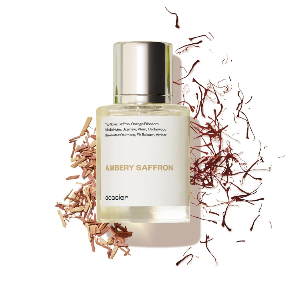 Dossier Ambery Saffron, botella frontal, aroma versátil para uso diario y social