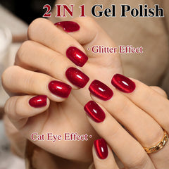 Esmalte gel ojo de gato Double Rhythm con brillo holográfico para bases.