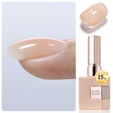 Double Rhythm gel claro en bote, fortalecimiento de uñas con acabado brillante y duradero.