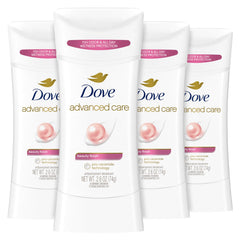 Dove Advanced Care Beauty Finish stick packaging for a four-count box.