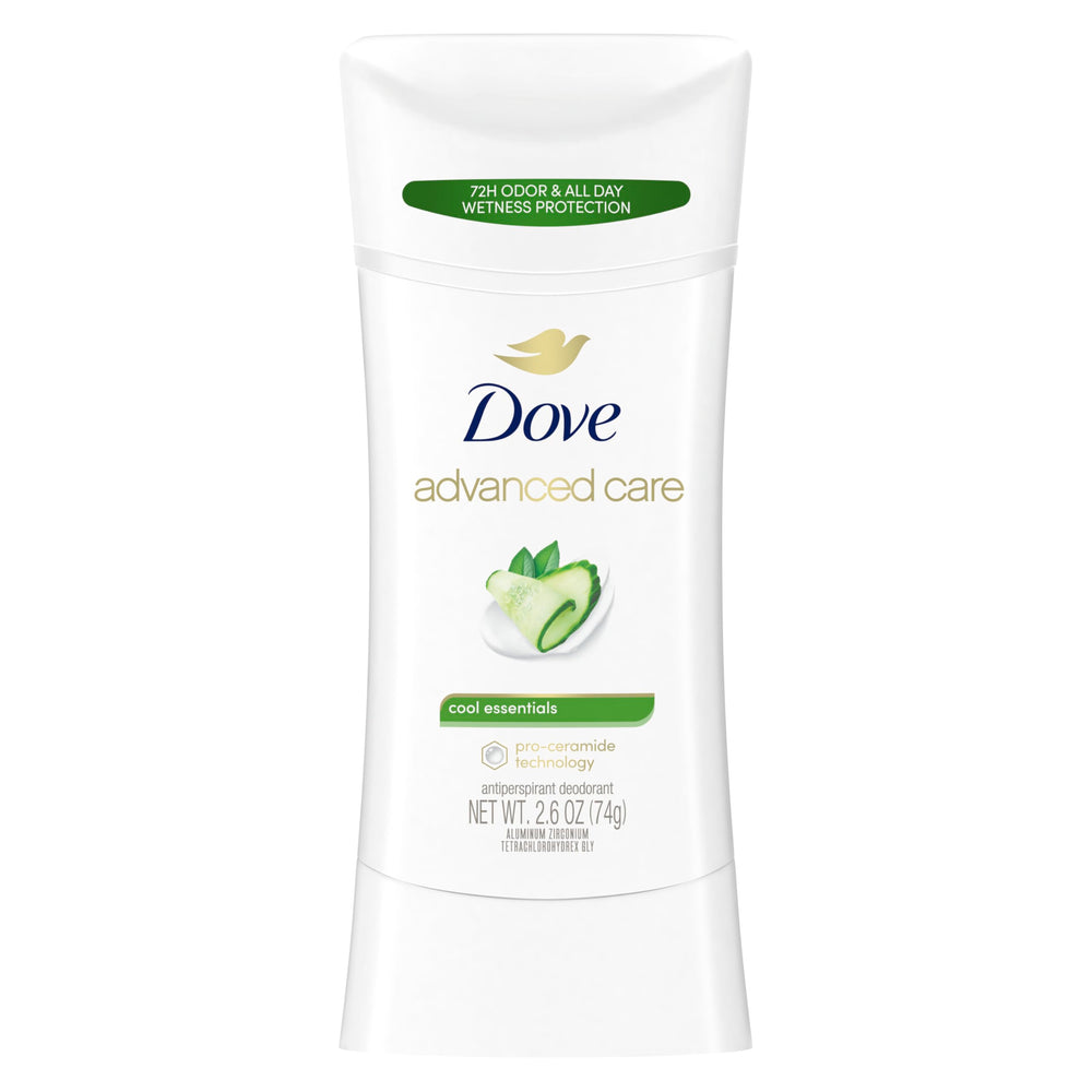 Dove Advanced Care Desodorante Stick, cuidado suave para axilas con fragancia fresca.