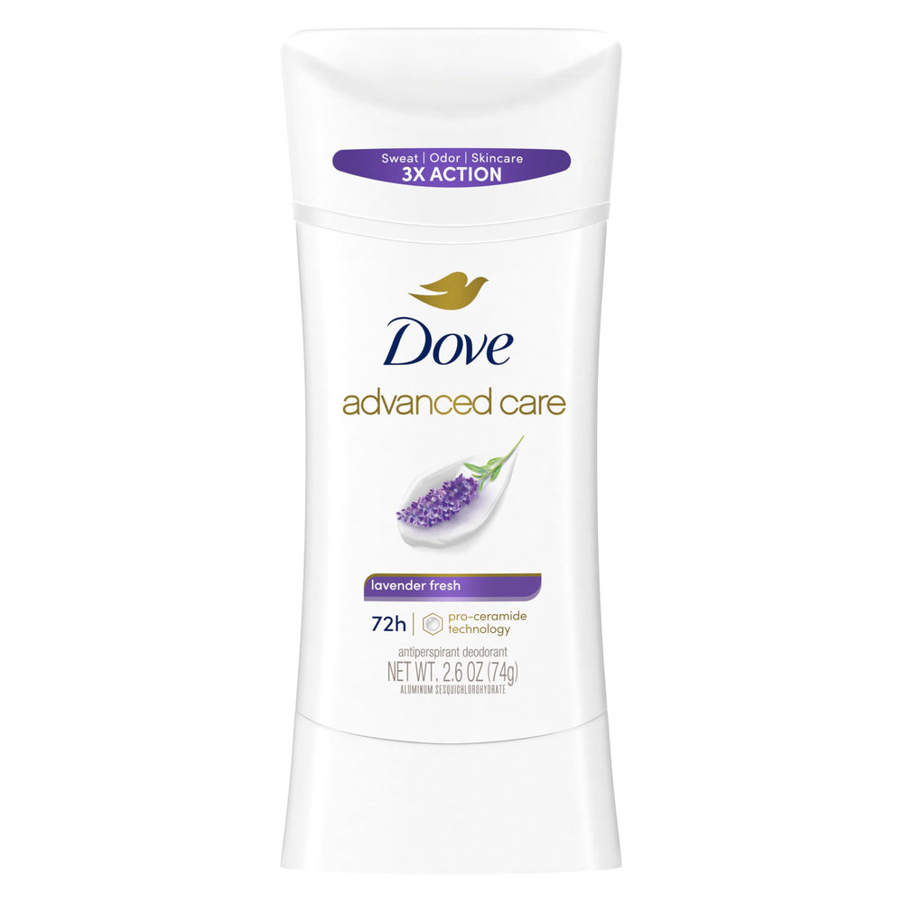 Desodorante Dove Advanced Care Lavender Fresh en barra, aroma calmante para el día.