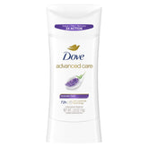 Desodorante Dove Advanced Care Lavender Fresh en barra, aroma calmante para el día.