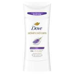 Desodorante Dove Advanced Care Lavender Fresh en barra, aroma calmante para el día.