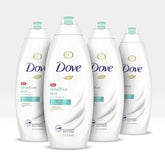 Dove gel de ducha sensible vertiendo espuma suave para uso diario.