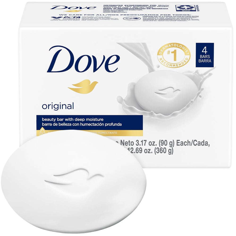 Dove Original: empaque con 4 jabones para rostro, cuerpo y manos.