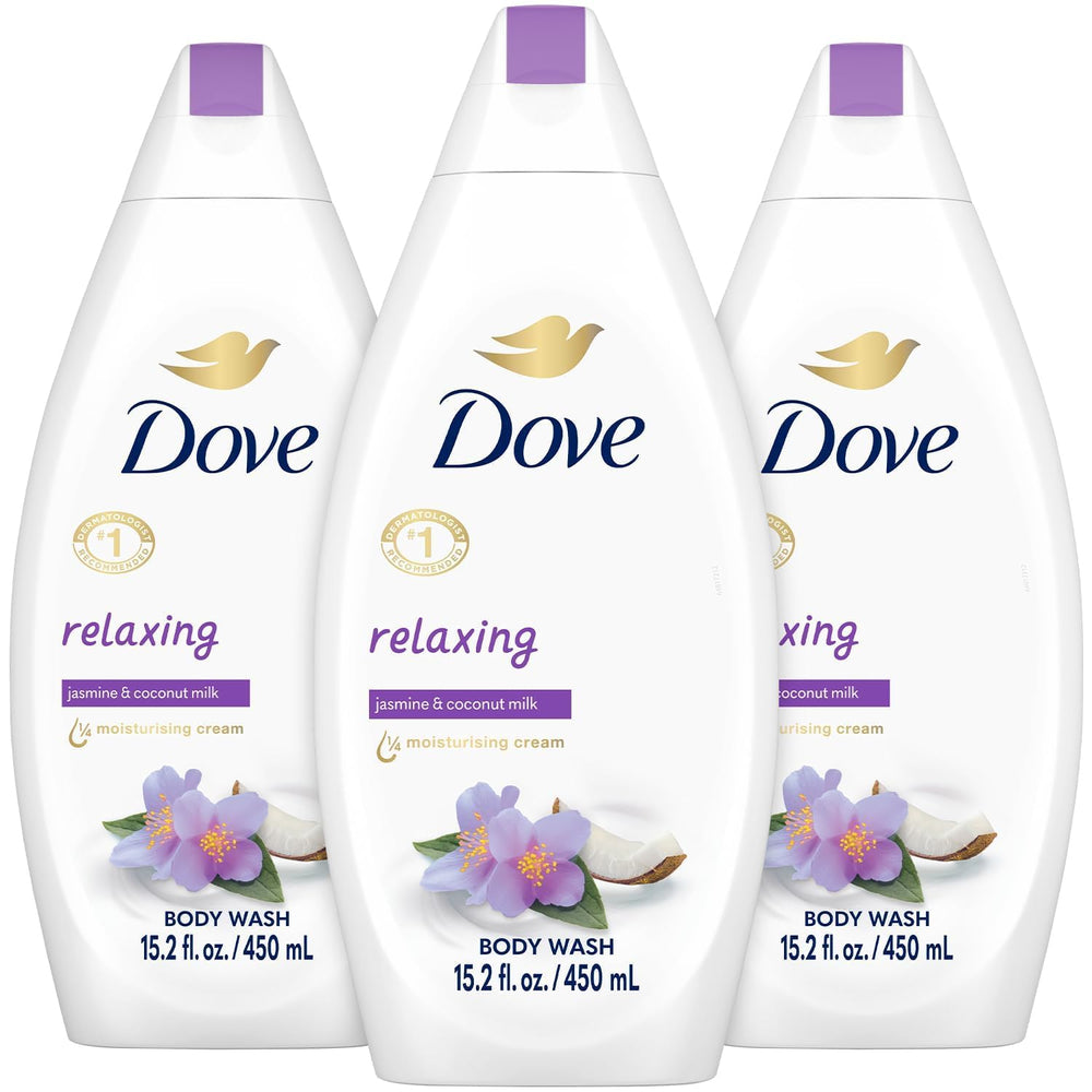Dove: botella derramando humo suave, aroma a jazmín y coco para piel suave.