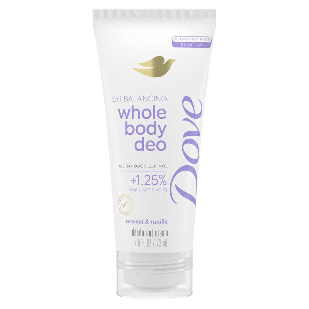 Dove crema desodorante corporal sin aluminio en envase práctico para uso diario.